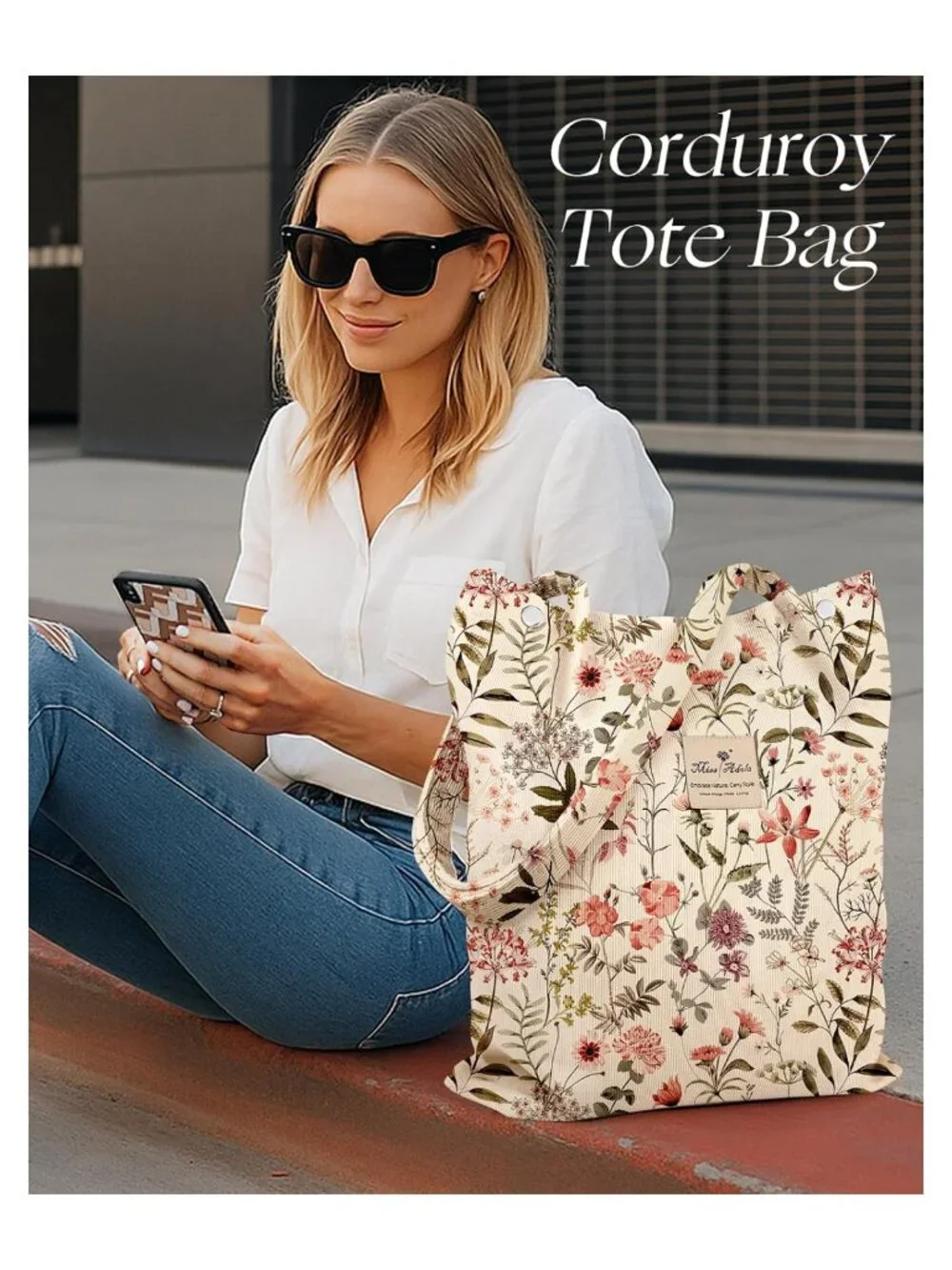 Corduroy Tote Bag Large Capacity Magnetic Buckle Floral Shoulder Bag